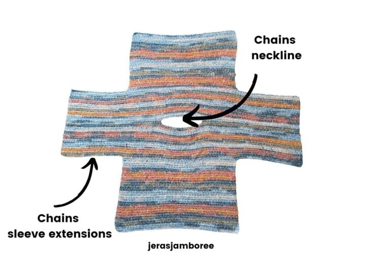 Flat lay of a crocheted sweater panel shaped like a cross showing how a crochet pullover pattern is constructed in one piece with sleeve extensions. Arrows label the construction with the text "Chains neckline" pointing to the center opening and "Chains sleeve extensions" pointing to the arm sections with "jerasjamboree" written below.
