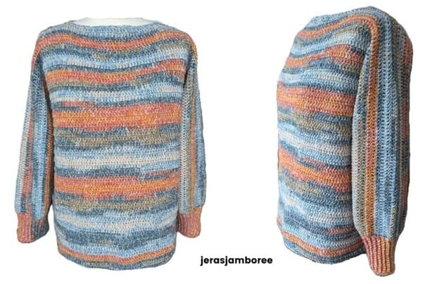 Two views of a striped crochet pullover sweater in soft blue, grey, and peach tones shown on a mannequin from the back and side. The images highlight the relaxed fit, balloon sleeves, and longer length of the finished pullover sweater made from a crochet pullover pattern with the text "jerasjamboree" below.