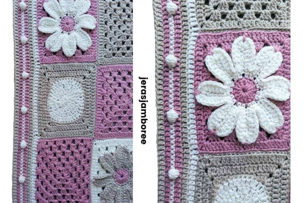 A close up of a modern granny square blanket detailed border featuring bobble edging.