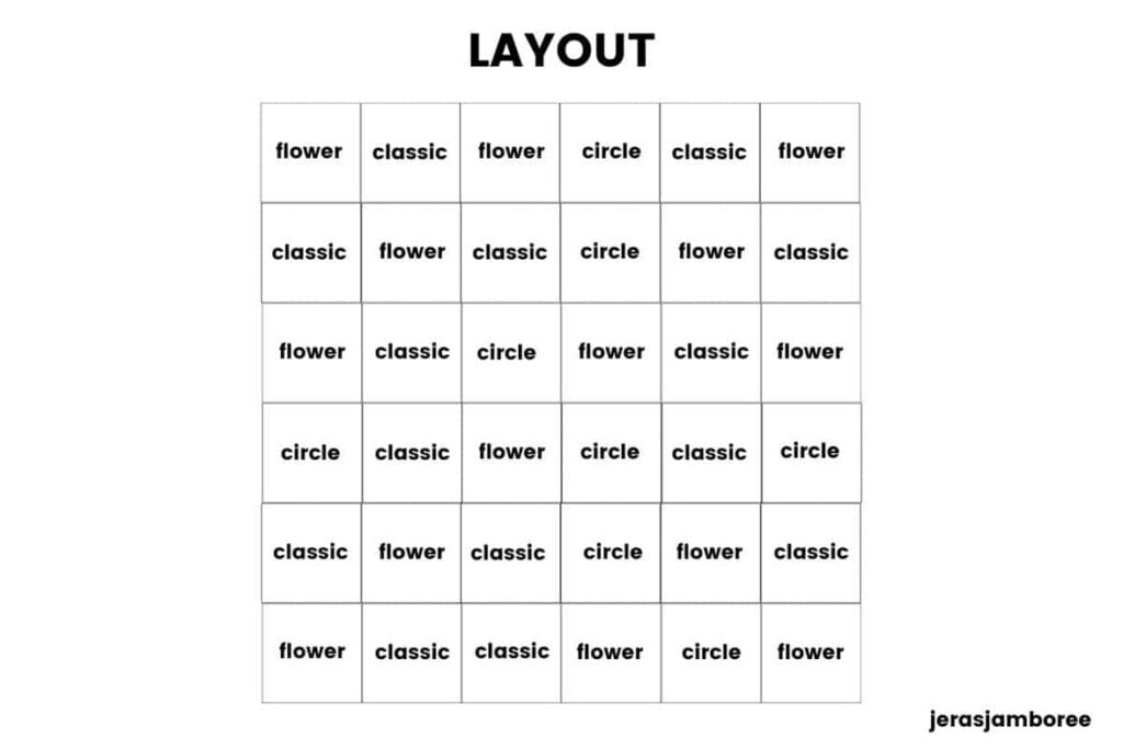 A layout diagram for a granny square blanket shows a grid of labeled squares arranged in rows with the words "flower" "classic" and "circle" indicating placement of each crochet square type. The title "LAYOUT" appears at the top and the chart helps explain how to make a granny square blanket with a balanced mix of square designs.