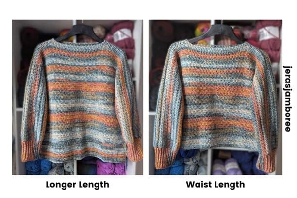 Two striped crochet pullover sweaters hanging on hangers in front of shelves of yarn showing two size options for the same crochet pullover pattern. Text underneath each reads "Longer Length" and "Waist Length" with the brand name "jerasjamboree" displayed vertically on the right.
