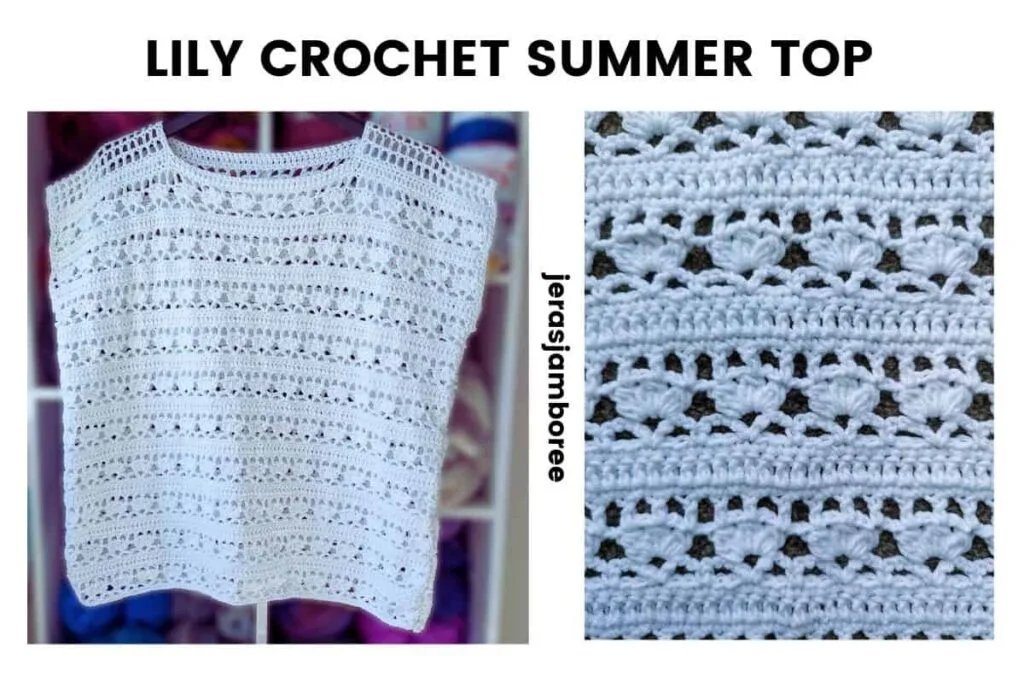 White crochet summer top with lace stitch detail, shown hanging in front of a shelf of yarn and close-up to highlight the bobble and V-stitch texture of the Lily Top pattern.