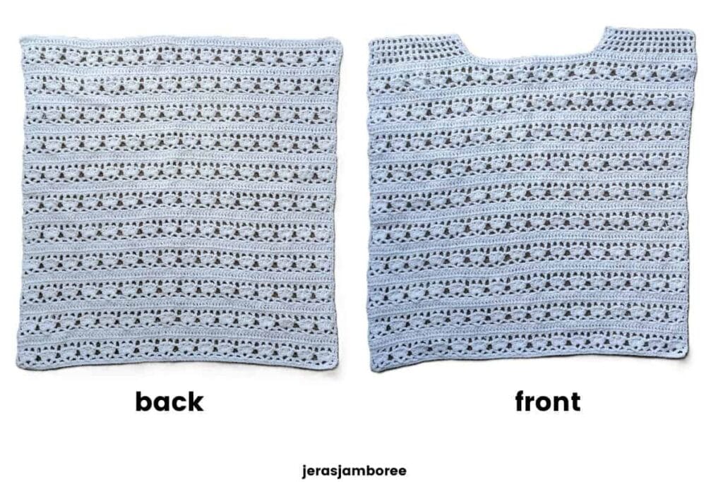 Front and back panels of the Lily crochet summer top laid flat, showing lace stitch pattern and neckline shaping.