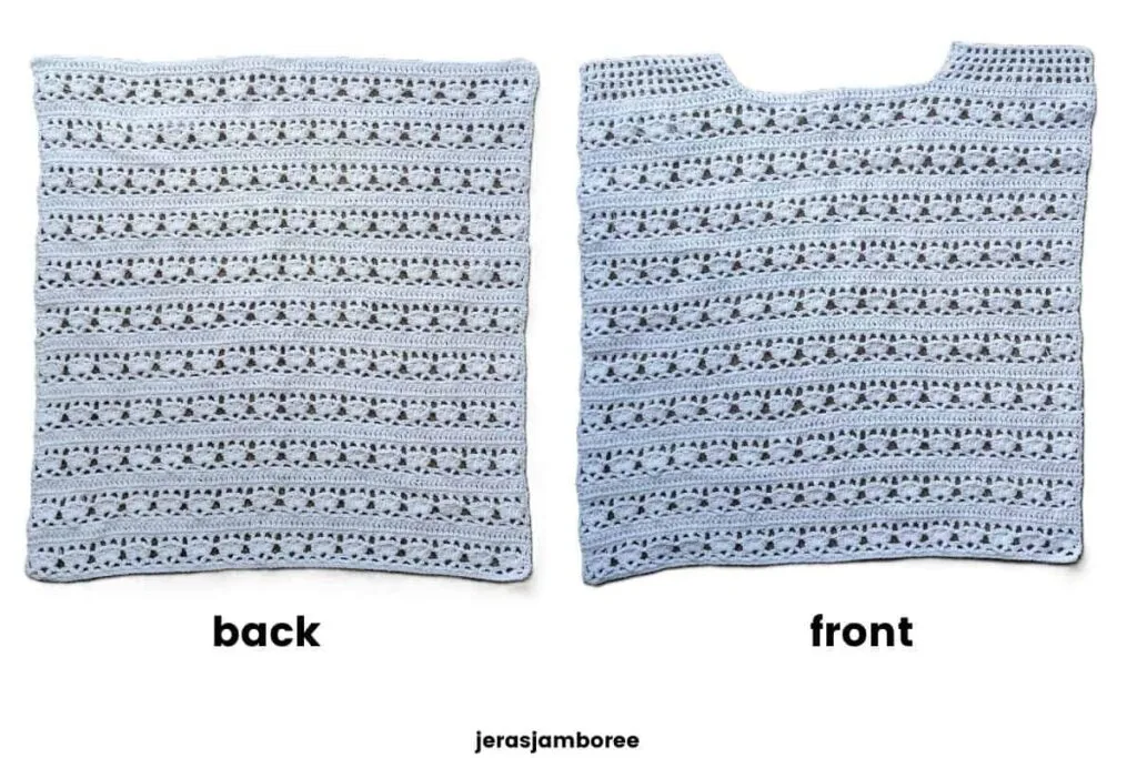 Front and back panels of the Lily crochet summer top laid flat, showing lace stitch pattern and neckline shaping.