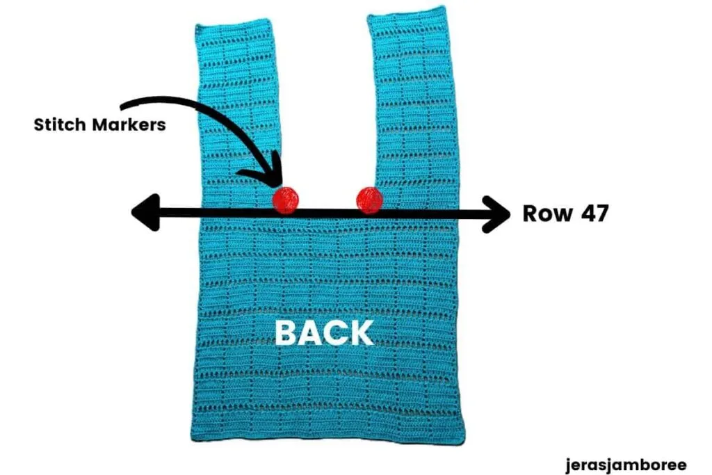 Flat lay of the turquoise Marlowe cardigan construction showing the back panel and two front sections. Red stitch markers mark row 47 where the fronts begin. Text labels read “Stitch Markers,” “Row 47,” and “Back.”