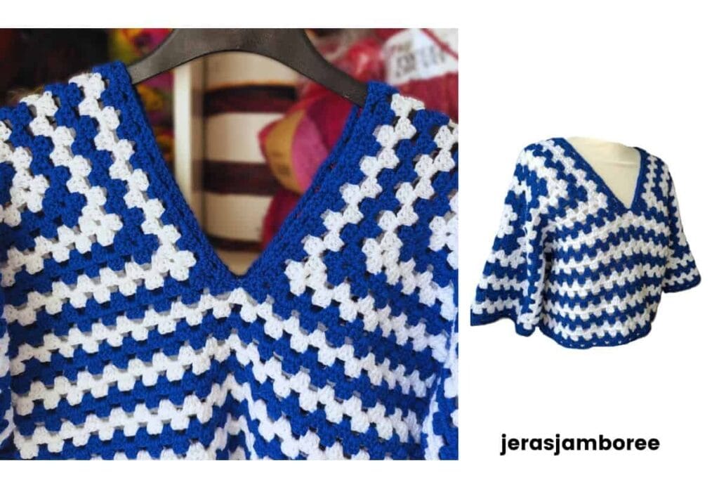 Close-up of the Clover Lane crochet pullover sweater in blue and white stripes, showing the V-neck granny square construction with an inset image of the full cropped sweater.
