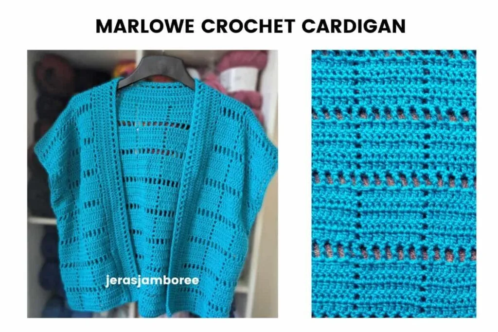 Turquoise Marlowe crochet short sleeve cardigan shown hanging on a black hanger beside a close-up of the filet squares stitch pattern. Text overlay reads “Marlowe Crochet Cardigan.”