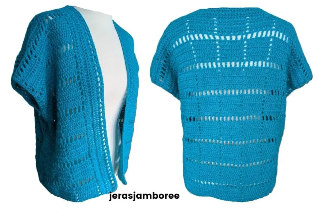 Turquoise Marlowe crochet short sleeve cardigan shown on a mannequin in side and back views, highlighting the relaxed fit, filet squares, and lightweight open mesh design.