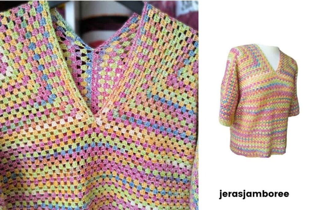 Close-up of the Clover Lane crochet sweater in pastel 4ply yarn, showing the V-neck folded granny square construction with an inset image of the longer over-hip sweater version.