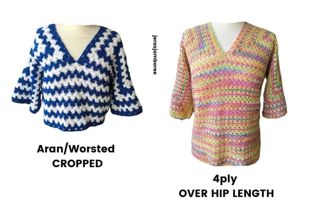 Side-by-side Clover Lane crochet sweater pattern comparison showing an aran or worsted cropped version in blue and white stripes and a 4ply over-hip length version in pastel stripes.