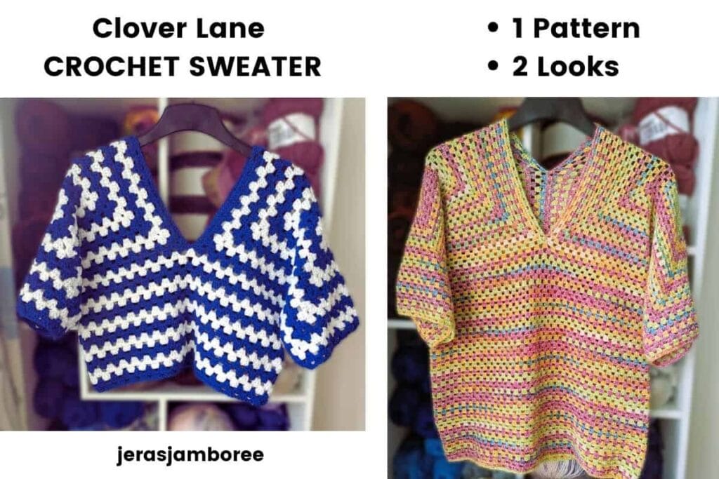Clover Lane crochet sweater pattern shown in two colourways: a blue and white striped V-neck granny square sweater and a pastel striped version, highlighting one pattern styled in two different looks.
