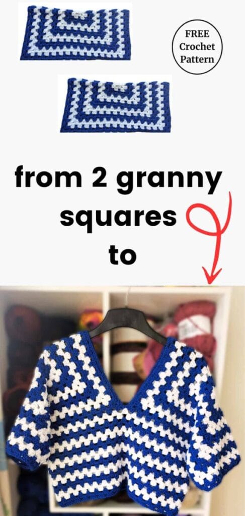 Pinterest image showing how two folded blue and white granny squares transform into the Clover Lane crochet summer top with a V-neck and short sleeves, with text overlay reading from 2 granny squares to.