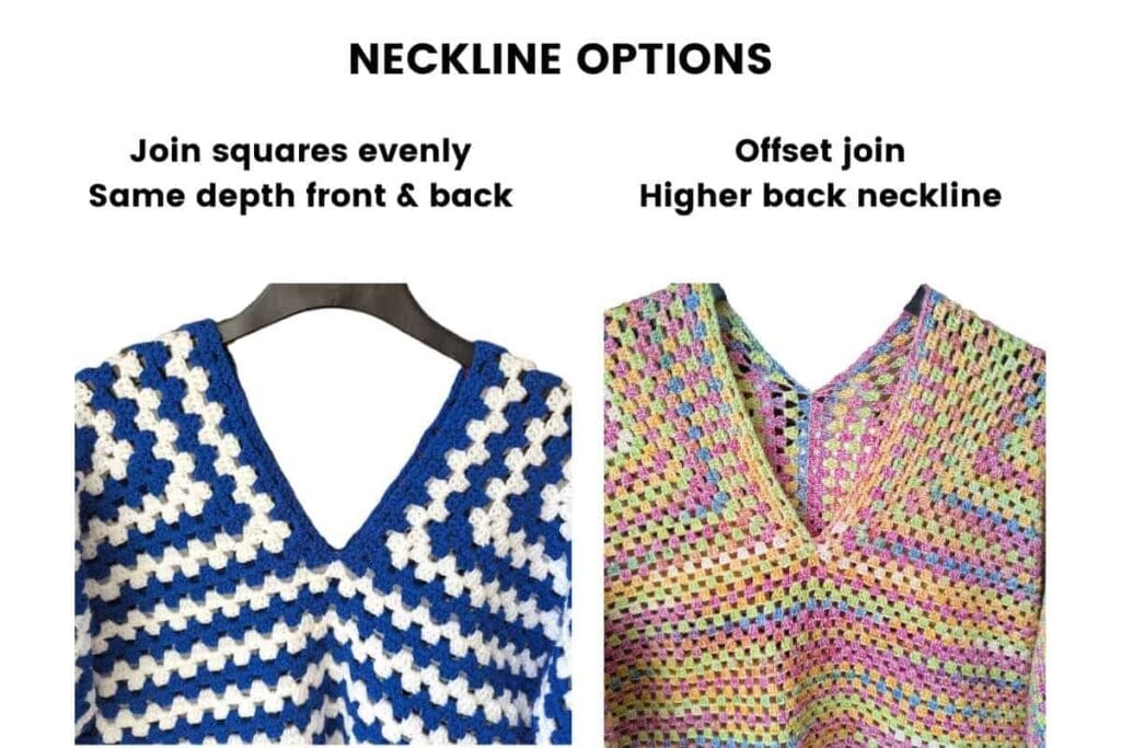 Annotated Clover Lane crochet sweater neckline options showing an even join for the same front and back depth and an offset join for a higher back neckline, illustrated in blue striped and pastel versions.