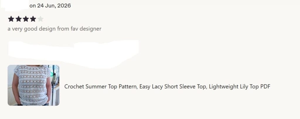 24 Jun 2026 4 star Etsy review.  Text reads: a very good design from fav designer"