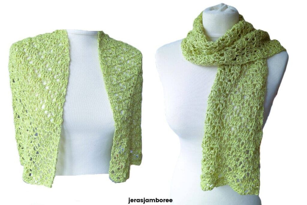 Lightweight lime green crochet lace scarf styled two ways on a mannequin, showing the airy openwork stitch pattern and soft drape of the Meadowsong scarf design.