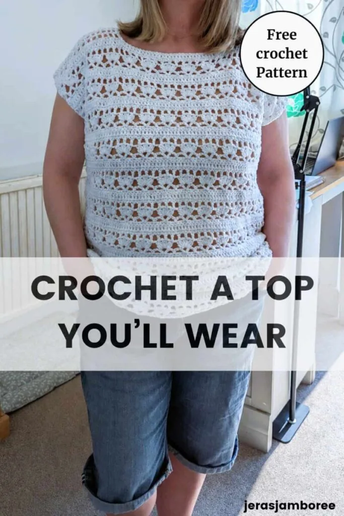 Woman wearing a white crochet summer top with lace detail and short sleeves, styled casually with denim shorts, text overlay reads “Crochet a Top You’ll Wear”.