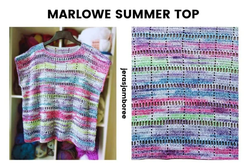 Collage showing the Marlowe Summer Top crochet pattern in a colourful self-striping yarn, featuring a lightweight filet crochet design. The left image shows the handmade summer top hanging on a black hanger, while the right image is a close-up of the geometric stitch pattern in pink, purple, blue, and green tones.