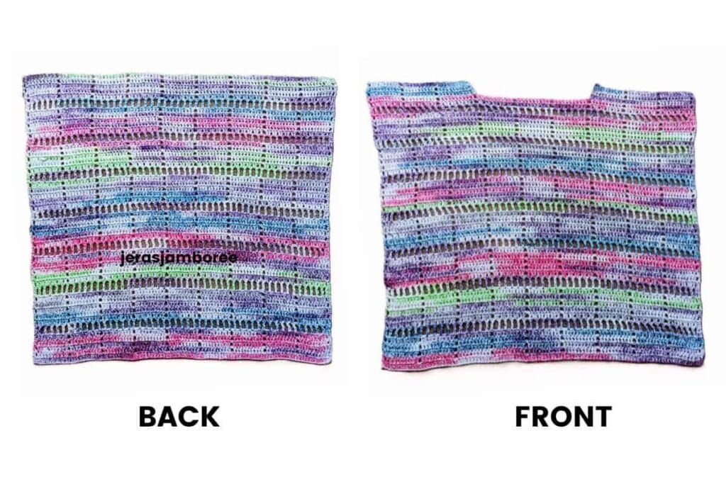 Front and back panels of the Marlowe Summer Top crochet pattern laid flat, showing the lightweight filet crochet stitch design worked in colourful self-striping cotton yarn with pink, purple, blue, and green tones.