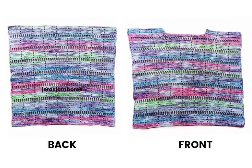 Front and back panels of the Marlowe Summer Top crochet pattern laid flat, showing the lightweight filet crochet stitch design worked in colourful self-striping cotton yarn with pink, purple, blue, and green tones.