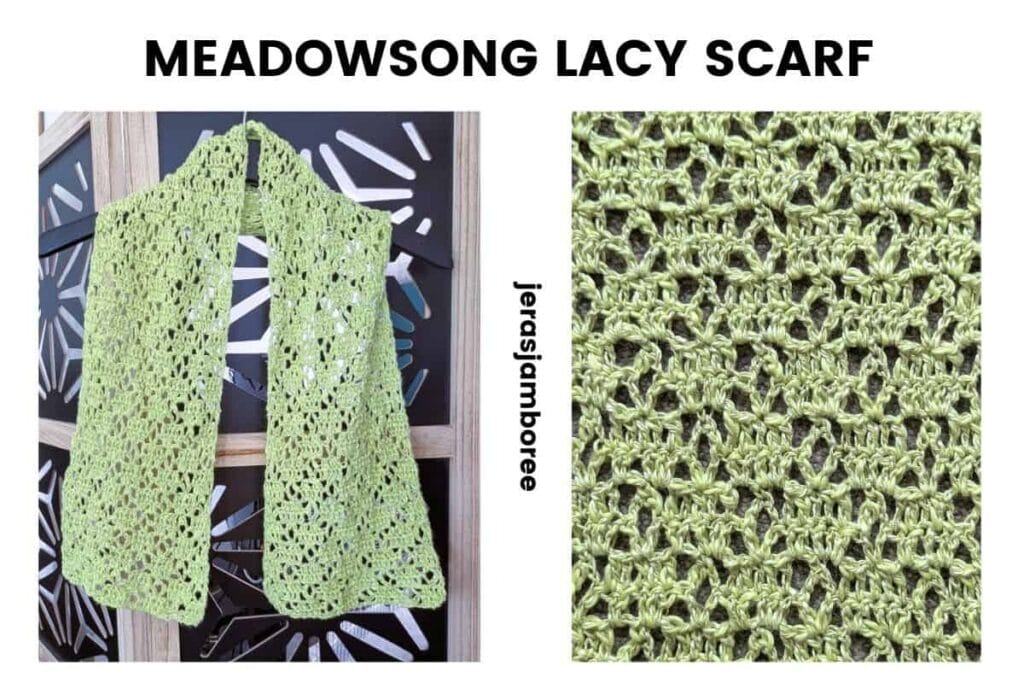 Lightweight lime green crochet lace scarf hanging against a decorative screen beside a close-up of the open lace stitch pattern used in the Meadowsong scarf design.