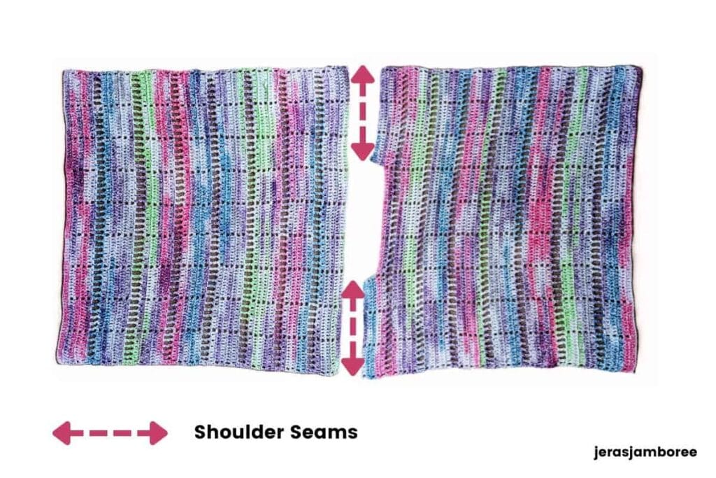 Crochet assembly diagram for the Marlowe Summer Top showing the front and back panels laid flat with arrows indicating where to sew the shoulder seams
