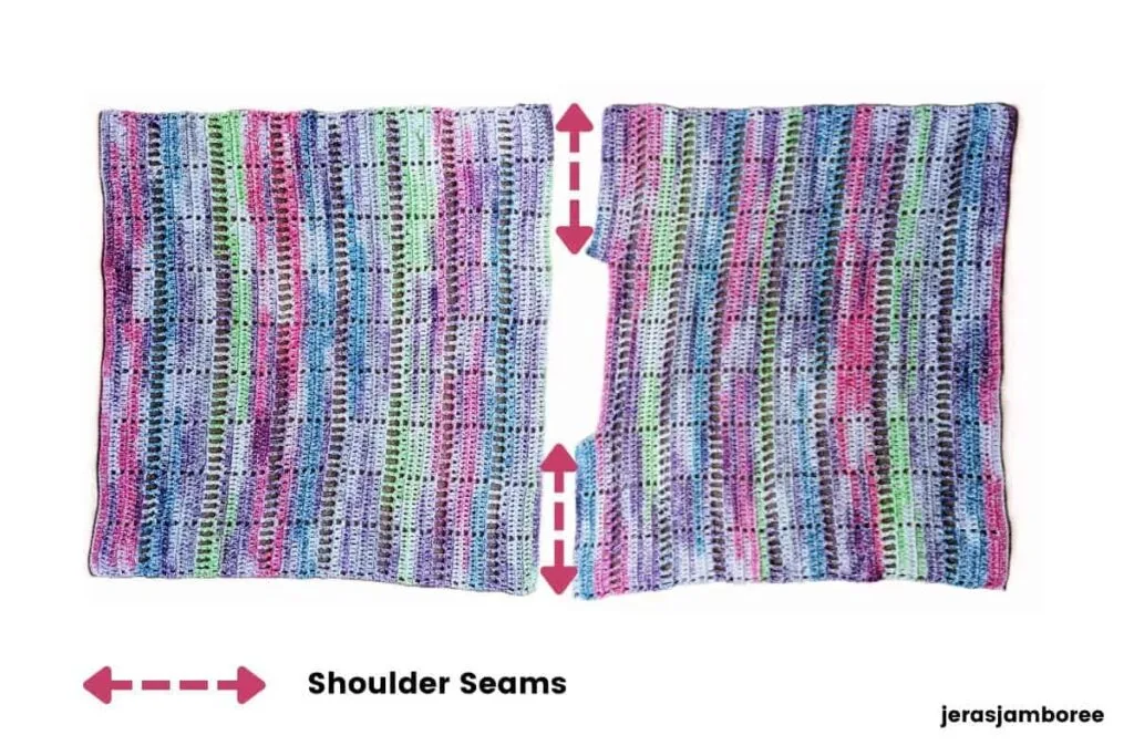Crochet assembly diagram for the Marlowe Summer Top showing the front and back panels laid flat with arrows indicating where to sew the shoulder seams