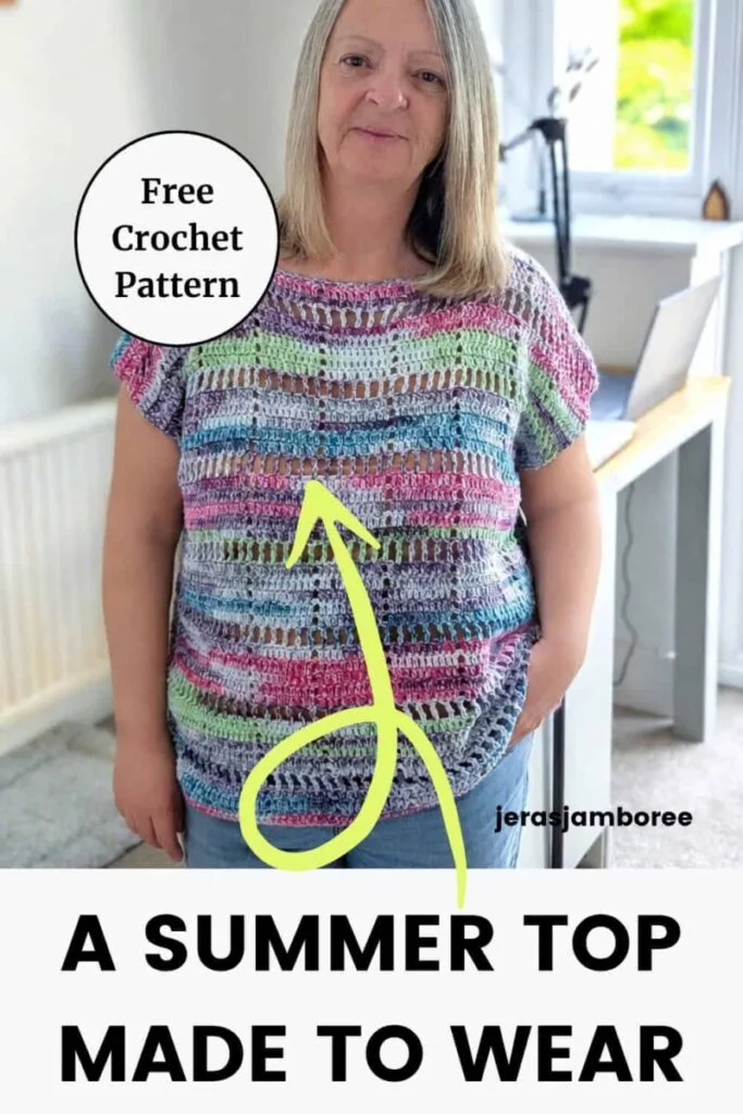 a woman wearing the Marlowe Summer Top crochet pattern in colourful self-striping cotton yarn. The lightweight boat neck top features an airy filet crochet design and relaxed fit. Text overlay reads “A Summer Top Made To Wear” and highlights the free crochet pattern.