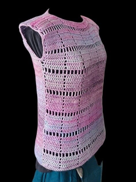 Customers image of the Marlowe top crocheted in pink and styled on a mannequin
