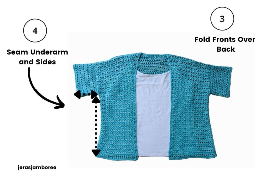 Assembly diagram showing the Sandrine cardigan folded into shape with the underarm and side seams ready to be sewn.