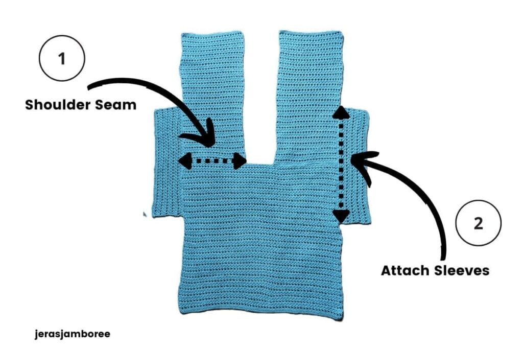 Assembly diagram showing the first steps of the Sandrine cardigan, including the shoulder seams and attaching the sleeves.