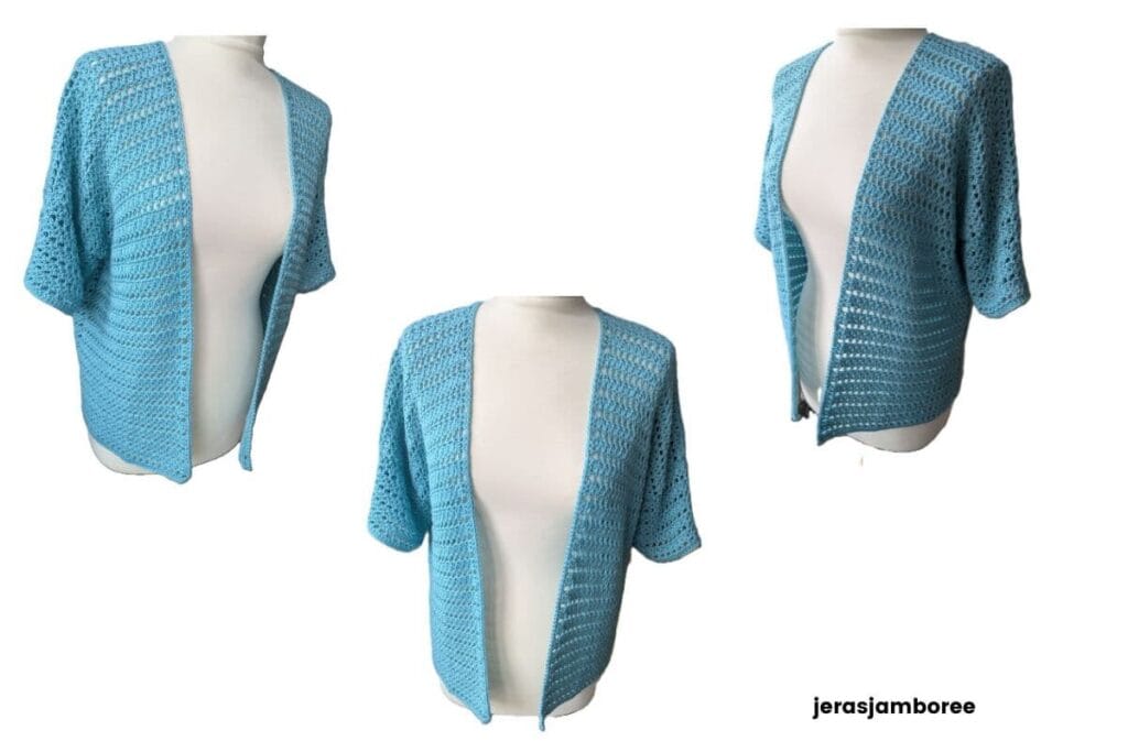 Front and side views of the Sandrine short sleeve crochet cardigan styled on a mannequin showing the open front design, relaxed fit and mesh stitch pattern.