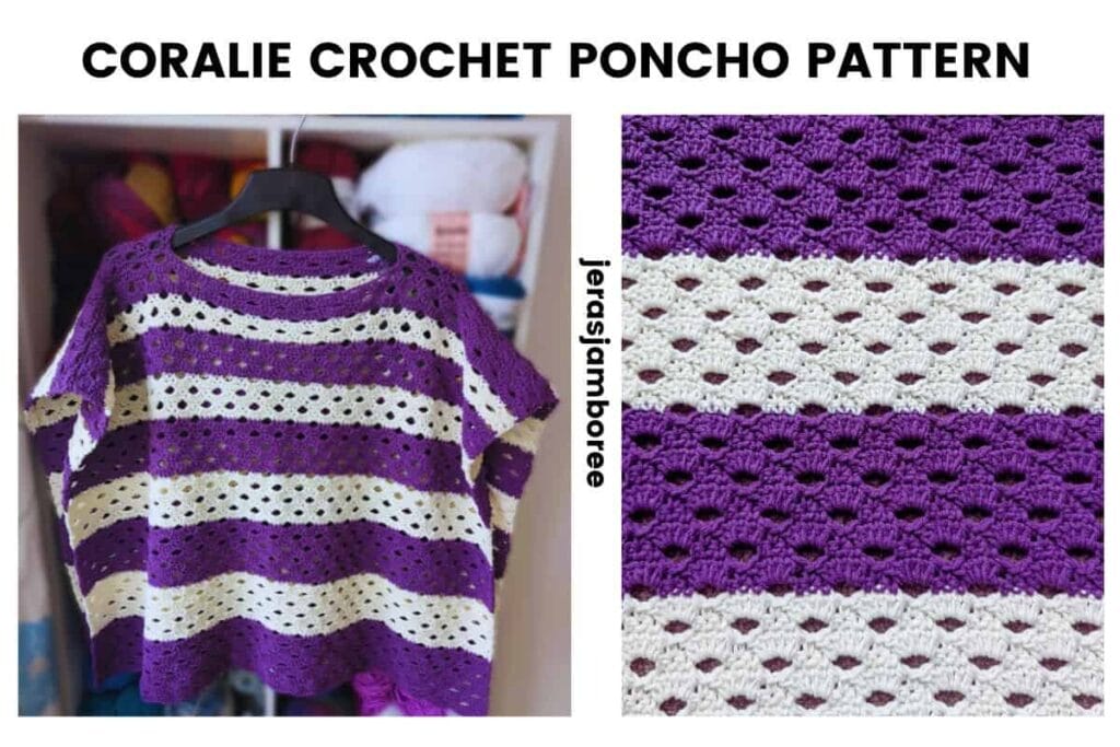 Purple and cream striped Coralie crochet poncho hanging on a black hanger, shown alongside a close-up of the Arcade stitch pattern. This lightweight crochet poncho features graduated stripes, an airy fabric, and a relaxed boat-neck design for spring and summer layering.