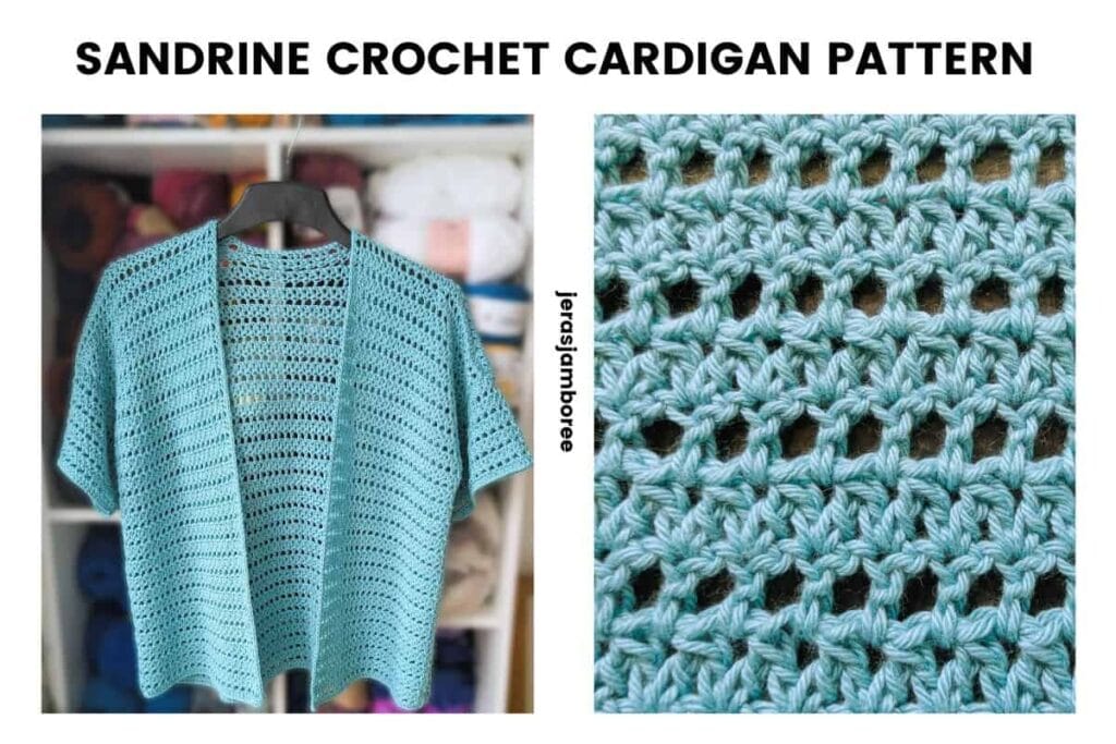 Sandrine short sleeve crochet cardigan in aqua blue shown alongside a close-up of the dc2tog mesh stitch pattern.