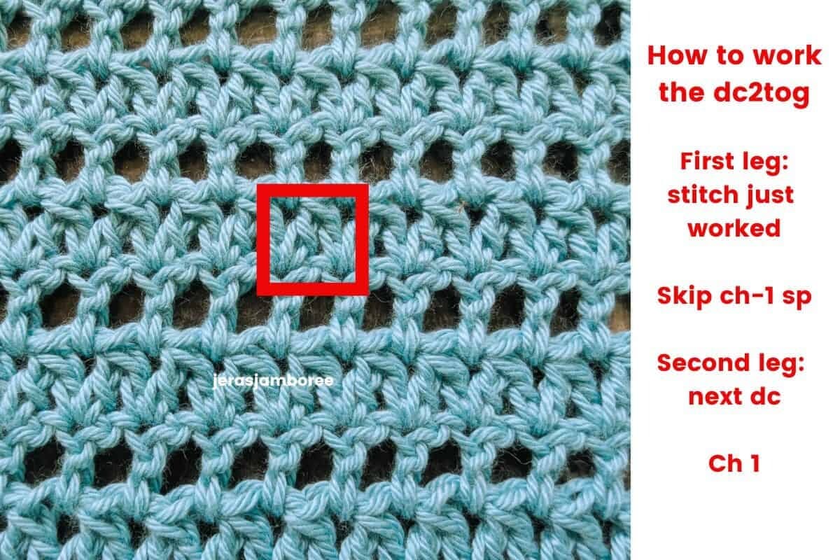 Close-up of the dc2tog mesh crochet stitch with instructions showing how to work the first and second legs of the stitch.