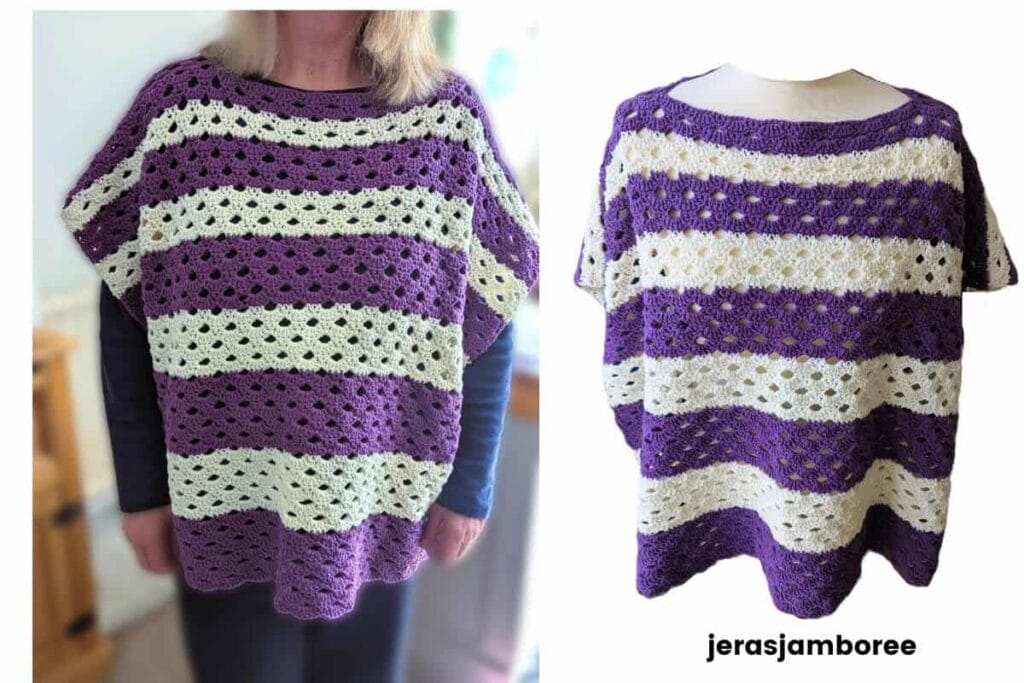 Person wearing the Coralie crochet poncho in purple and cream graduated stripes, shown alongside the poncho styled on a mannequin. This lightweight crochet poncho features the Arcade stitch, a relaxed boat-neck neckline, and an airy drape for spring and summer layering.