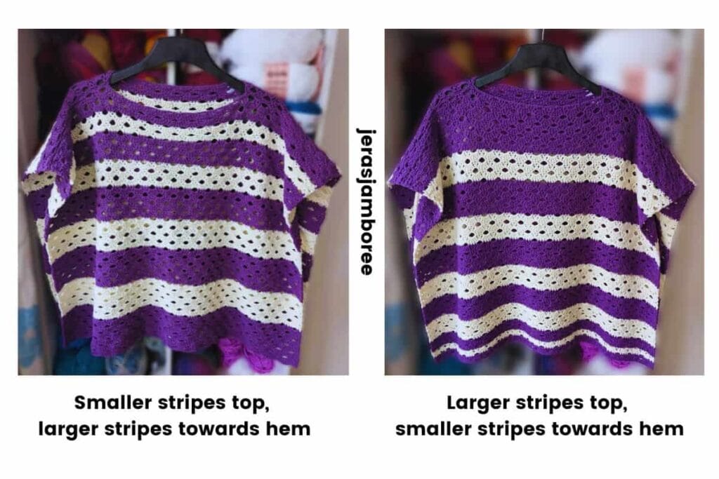 Side-by-side comparison of the Coralie crochet poncho showing two assembly options. One version has narrower purple and cream stripes at the neckline and wider stripes towards the hem, while the other reverses the stripe direction with wider stripes at the top and narrower stripes towards the bottom.