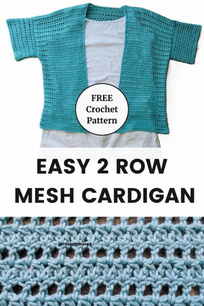 Aqua blue Sandrine crochet cardigan above a close-up of the easy two-row mesh stitch
