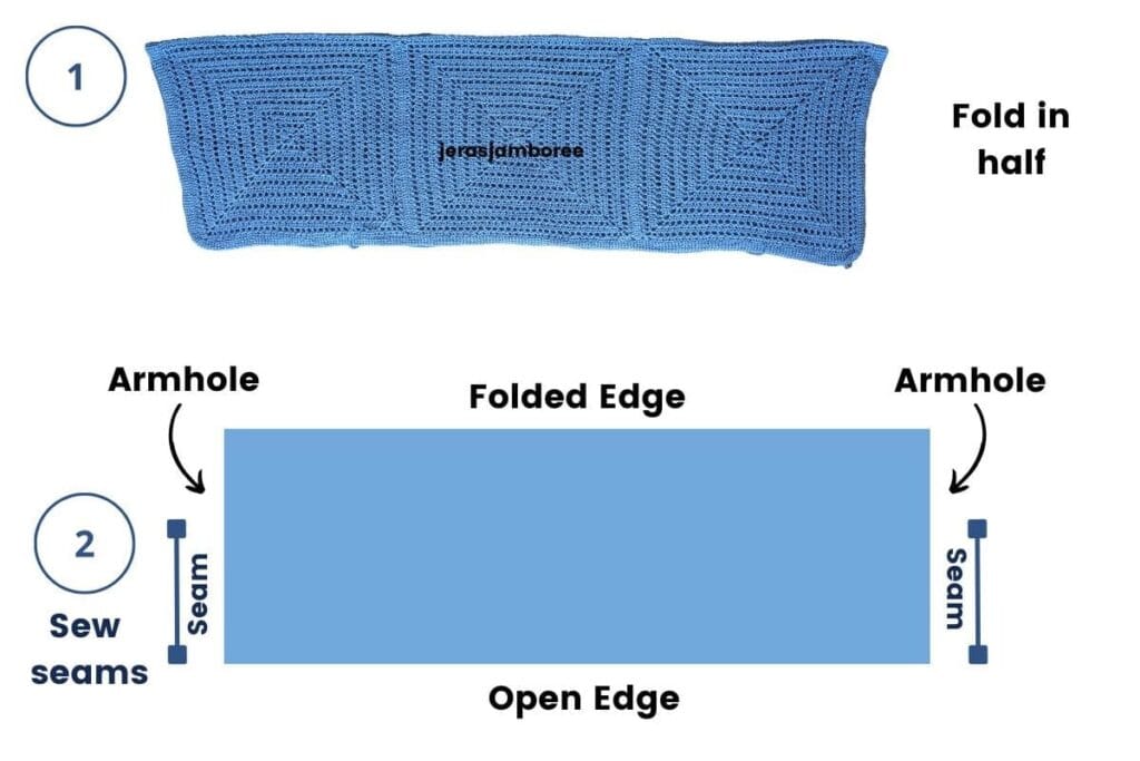 Assembly diagram for the Aveline Granny Square Shrug showing the joined rectangle folded in half, with armhole openings marked and seams sewn from the armholes to the open edge to create the cocoon shape.