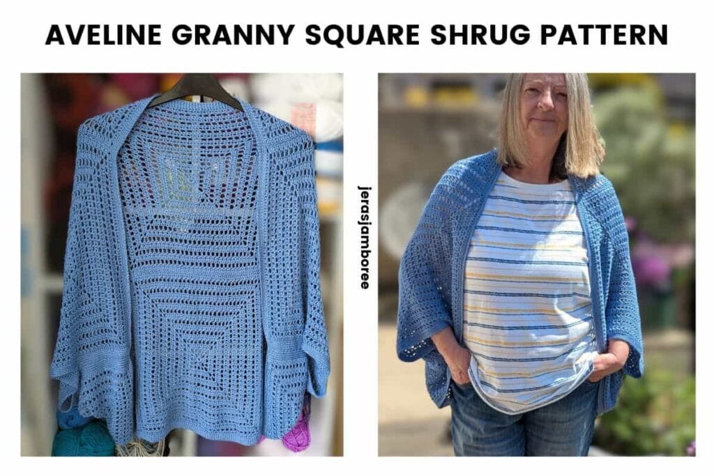 Front view of the Aveline Granny Square Shrug crochet pattern shown on a hanger alongside the shrug worn over a striped top and denim shorts. The lightweight blue cocoon cardigan is made from six oversized granny squares.