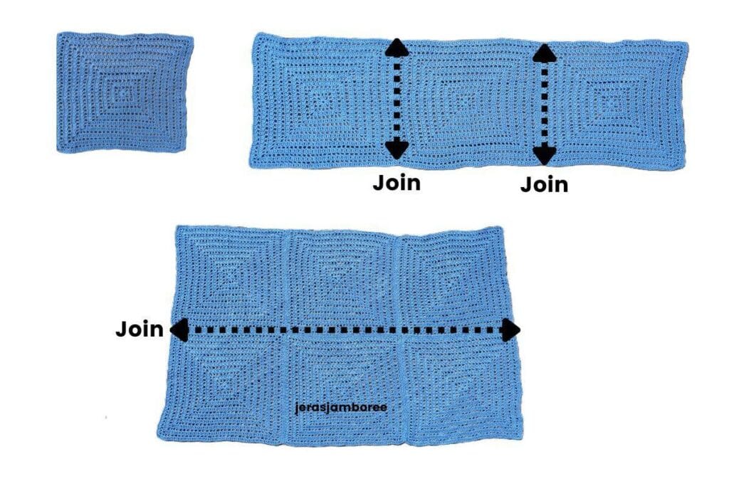 Construction diagram showing how six oversized granny squares are joined to create the rectangle for the Aveline Granny Square Shrug before folding and assembly.