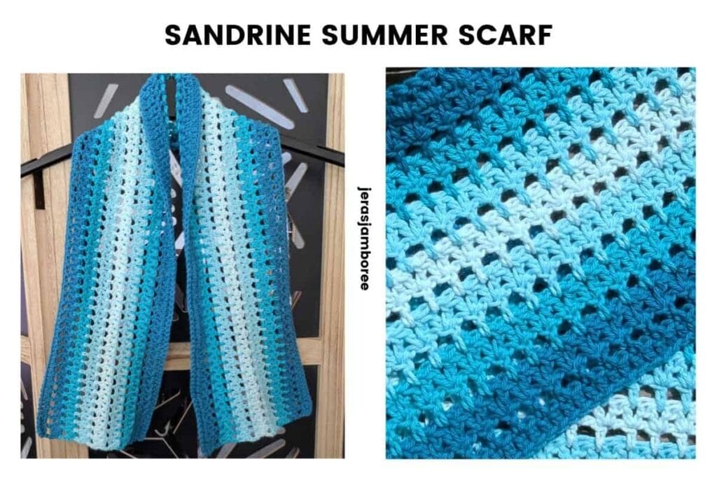 The Sandrine Scarf shown hanging alongside a close-up of the blue and white striped double crochet 2 together mesh stitch.