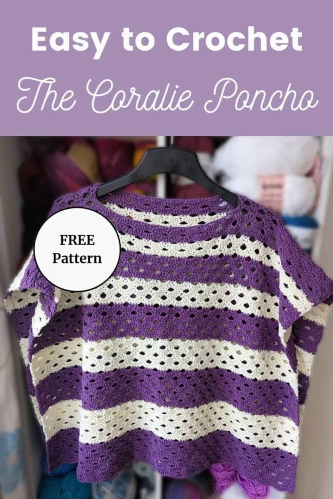 A purple and cream striped poncho worked in the Arcade stitch is on a hanger in front of blurred shelves of yarn in the background. Text overlay reads "Easy to Crochet The Coralie Poncho" with a free pattern badge. Lightweight boat-neck poncho with graduated stripes for spring and summer layering.