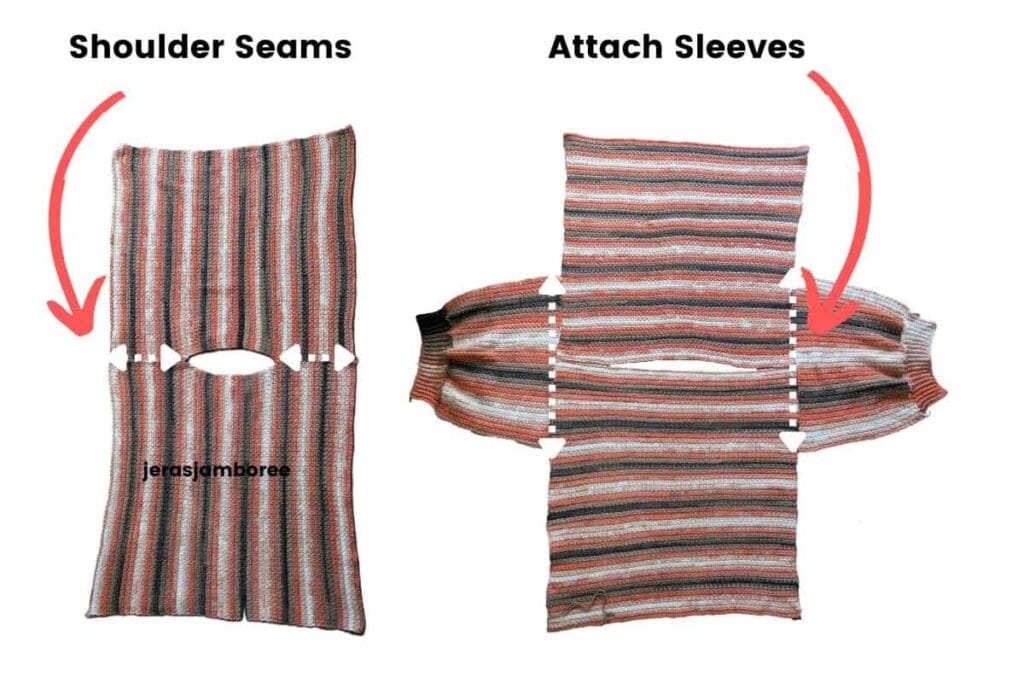 Rowan Ridge crochet sweater assembly showing where to sew the shoulder seams and attach the sleeves to the front and back panels.
