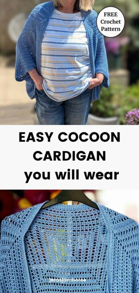 Free Aveline crochet cocoon cardigan pattern showing the blue granny square shrug worn over a striped top and displayed on a hanger, with the text Easy Cocoon Cardigan You Will Wear.