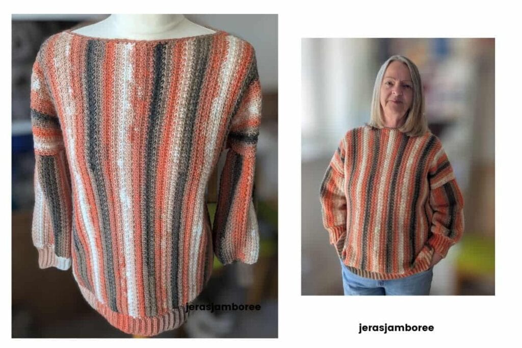 Rowan Ridge crochet jumper shown on a mannequin and being worn, with vertical autumn stripes, boat neckline and ribbed hem.