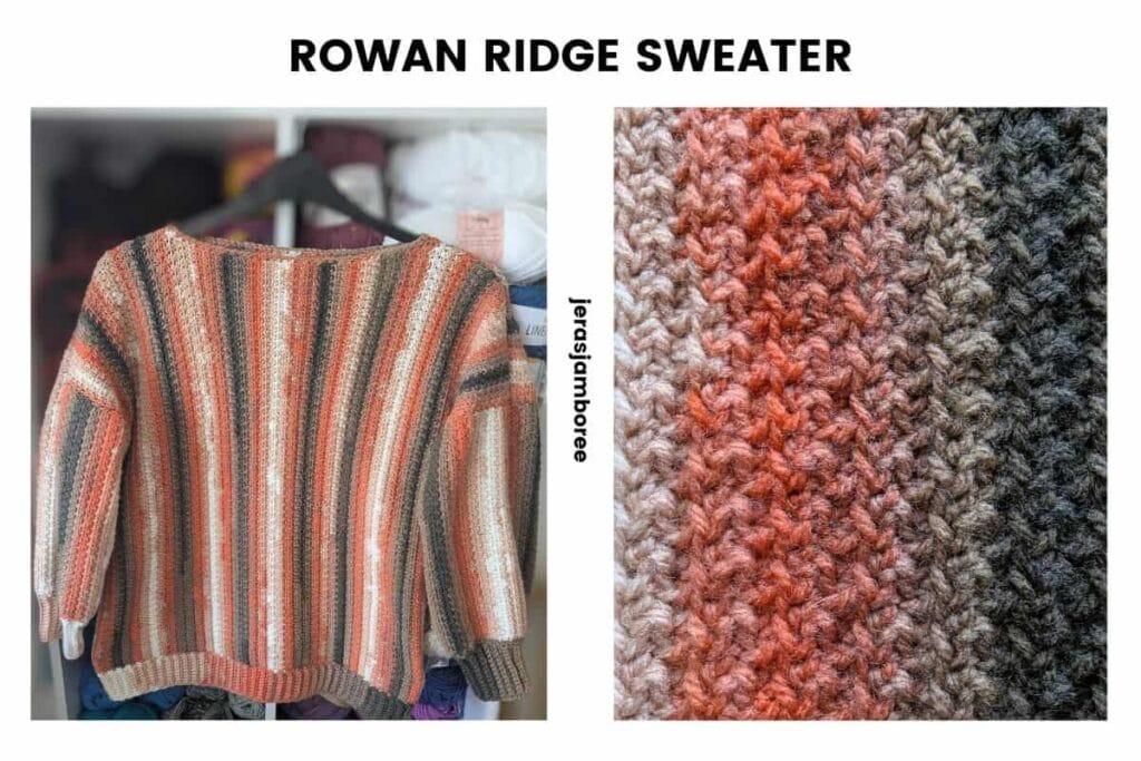 Rowan Ridge crochet pullover sweater with vertical autumn stripes beside a close-up of the textured stitch pattern.