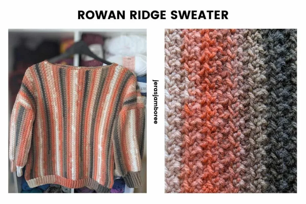 Rowan Ridge crochet pullover sweater with vertical autumn stripes beside a close-up of the textured stitch pattern.