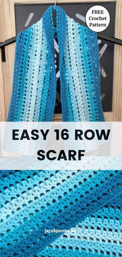 Blue and white striped Sandrine Scarf hanging to show the lightweight mesh stitch, with a close-up of the lacy crochet fabric below. Pin for a free crochet scarf pattern worked over an easy 16-row repeat.