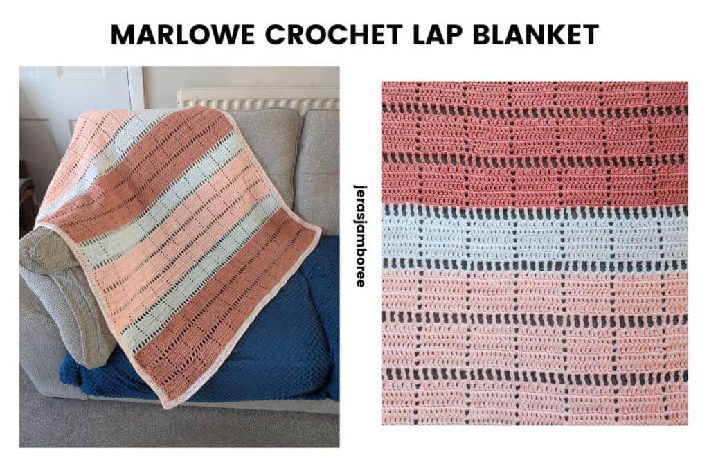 Marlowe crochet lap blanket draped over a sofa with close-up of the geometric filet and open mesh stitch pattern in peach, dusky peach and off white