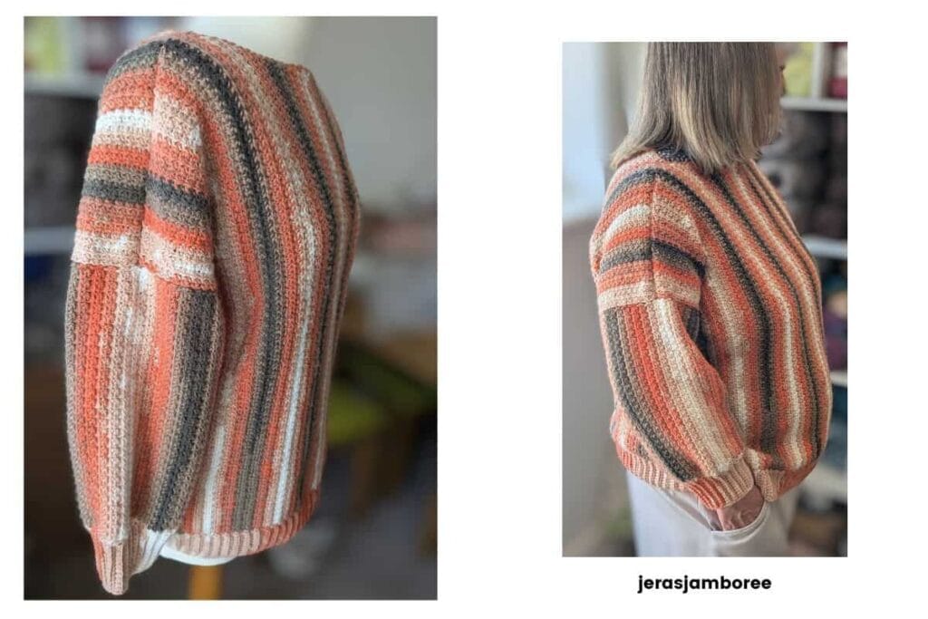 Side views of the Rowan Ridge crochet sweater showing the relaxed fit, dropped shoulders, vertical stripes and ribbed cuffs and hem.